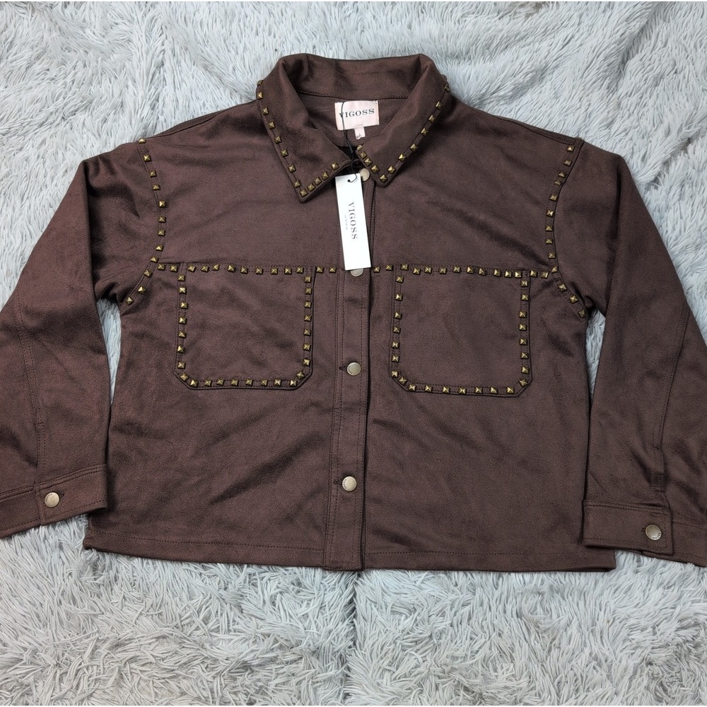 Vigoss Jacket Womens L Brown Pockets Faux Suede Soft Comfort Studded Western New
